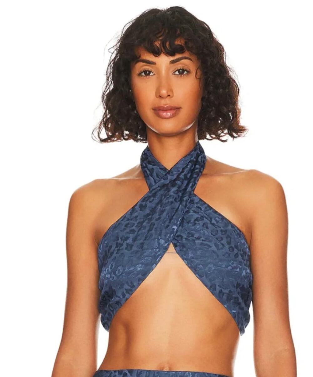 Lovers+Friends Regina Blue Satin Sleeveless Strap Cropped Print Top, size M